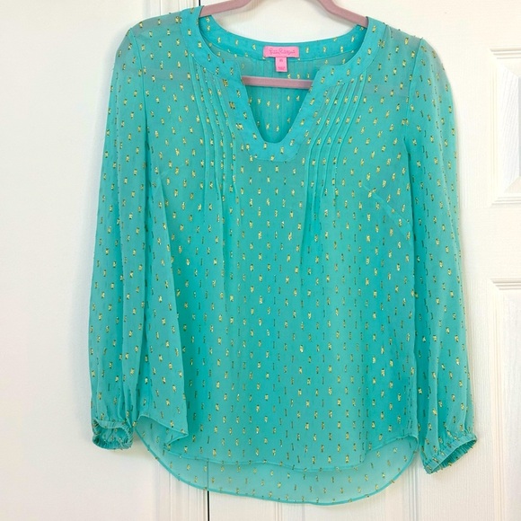 Lily Pulitzer Aqua and Gold Blouse XS - Picture 2 of 12